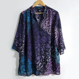 Maggie Barnes Womens Long Sleeve Toggle Button Tunic Size 1X Purple Floral Artsy